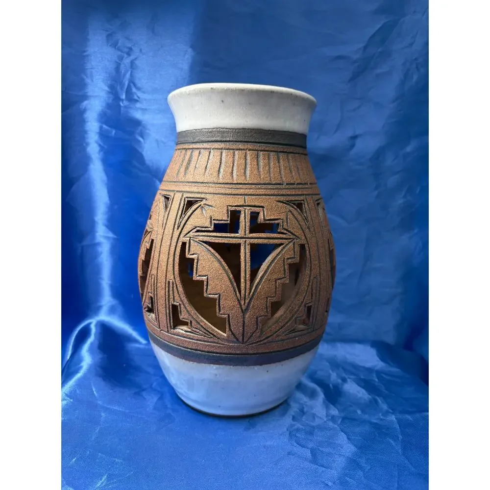 Vintage Geometric Cut Out Pottery Stoneware Signed Vase